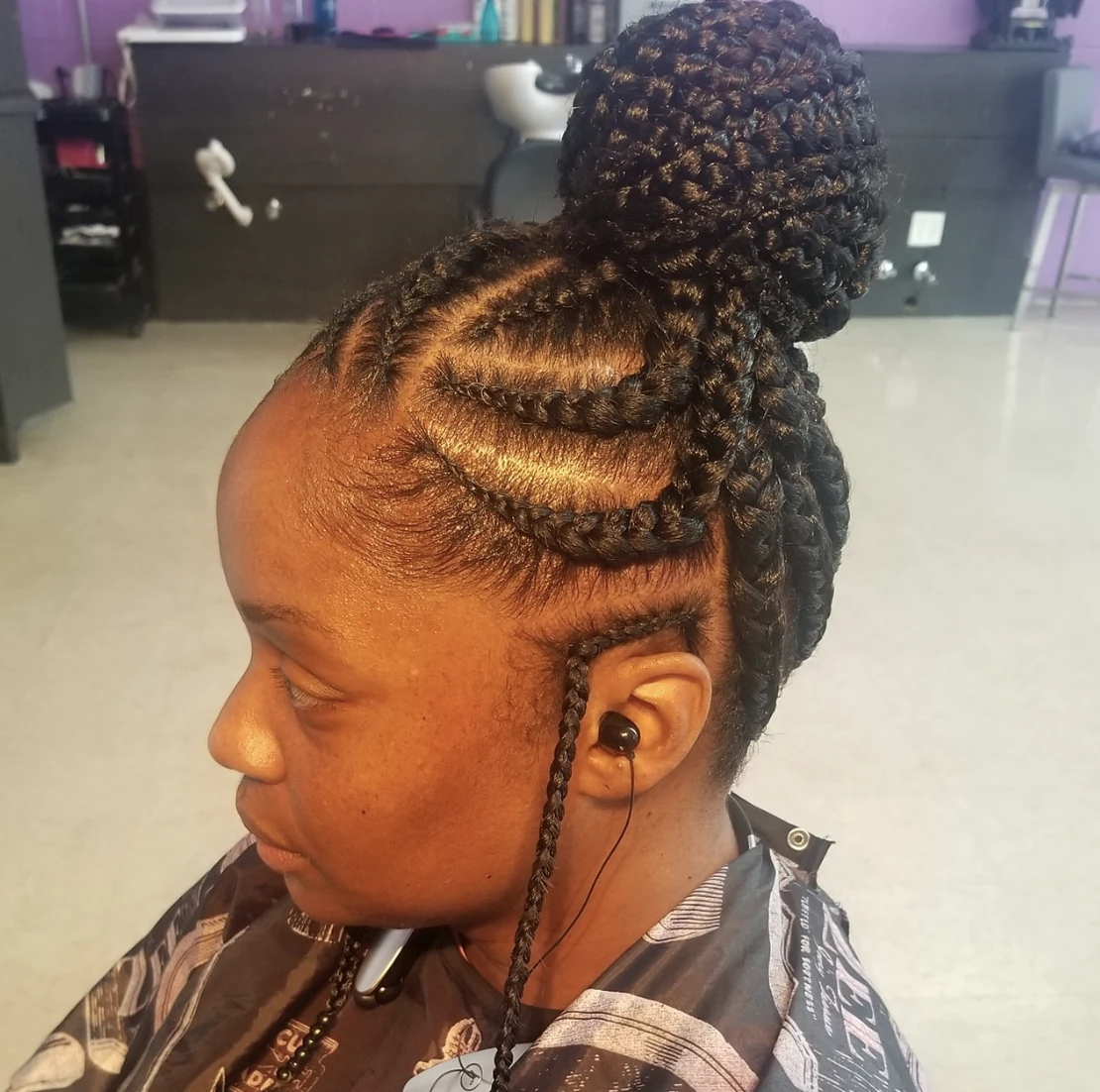 Feed-in braids with high bun
